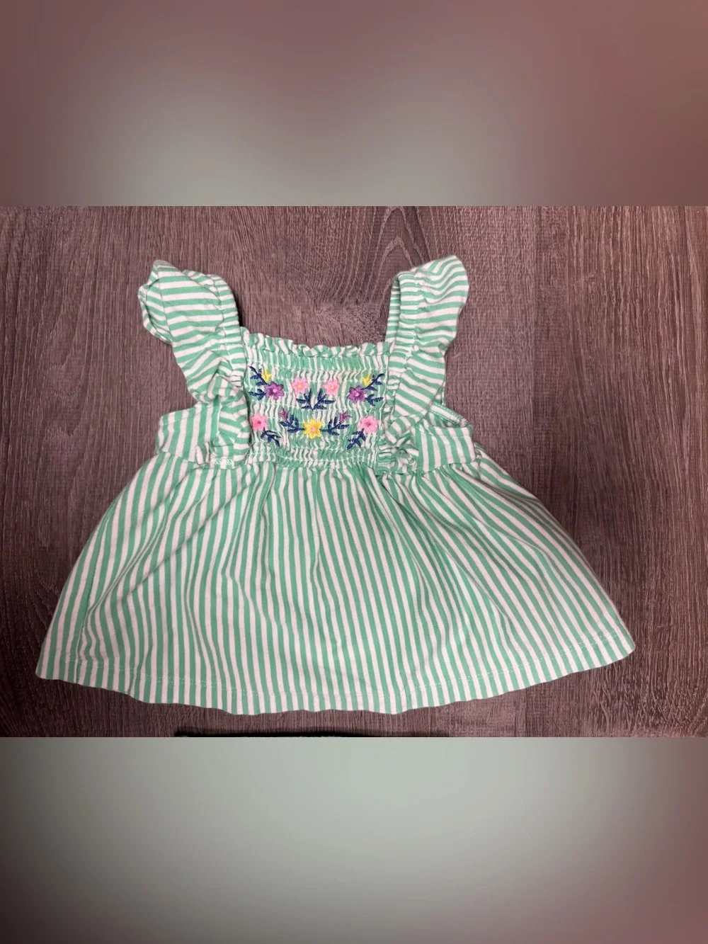 Carter's Mint Green Striped Dress with Floral Smocking & Matching Bloomers